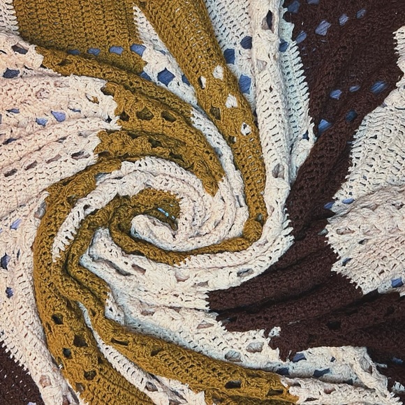 Vintage handmade extra large crochet knit blanket throw stripe brown cream tan